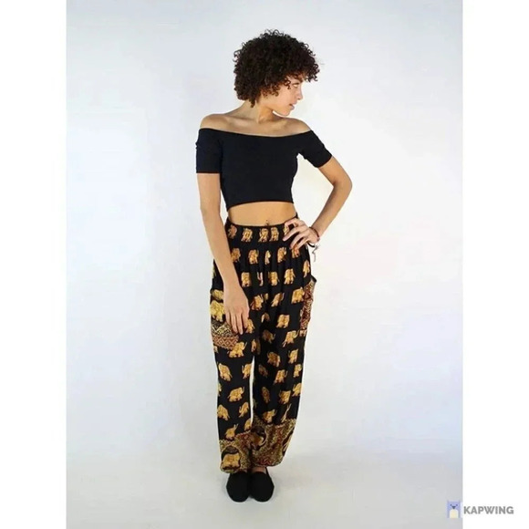Balloon Leg Flowy Draped Harem Pants Joggers Black Gold Elephant Print Size XS/S - Picture 2 of 16